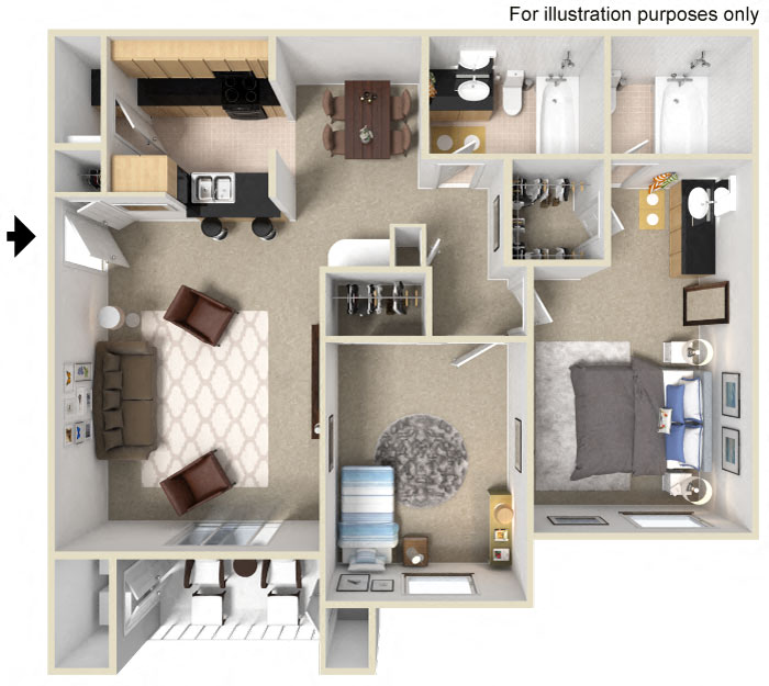 Floor plan for 2 beds, 2 baths, 1171 sqft